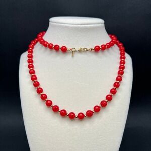Vintage Monet Necklace Red Beaded Gold Tone Spacers 30" Long Signed